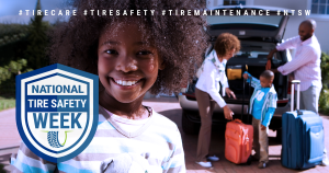 Family loading car for a trip. With national tire safety week at front.